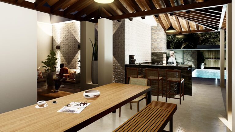 A large wooden table sitting under a wooden ceiling